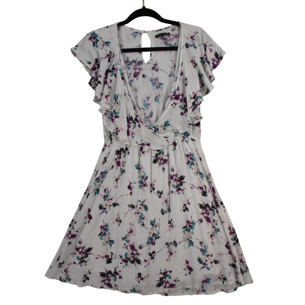 Staccato Womens Floral Ruffle Cap Sleeve Mini Dress White Purple Teal Size M